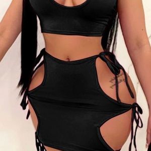 Tie up two piece skirt set, black, sleek stretchy material